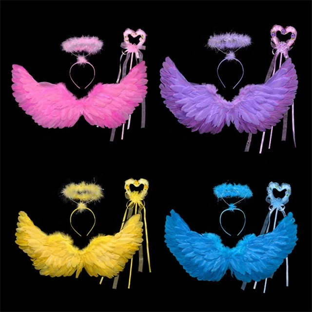 Custom Angel Wings and Halo Costume Set Multiple Color Black Angel Wings Halo Headband  for Kids Halloween Xmas Costume