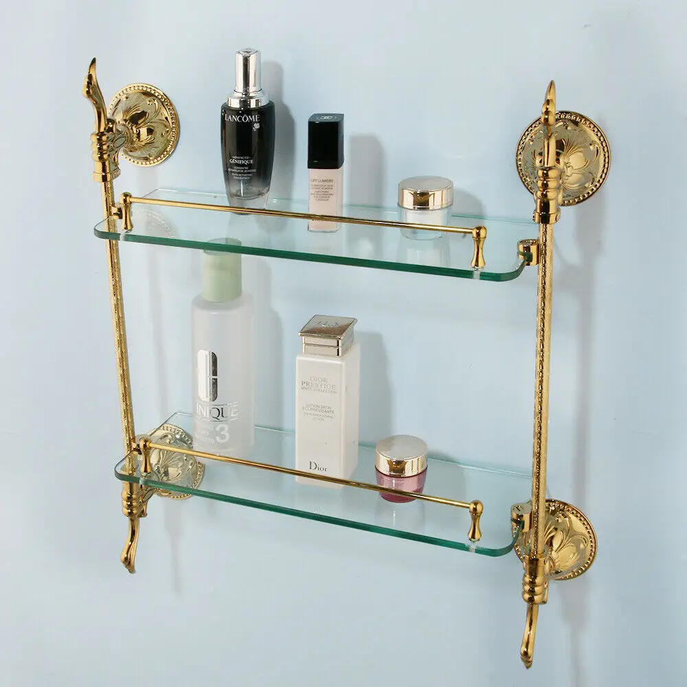 JIENI Bathroom Gold Double Layer Glass Shelf Shower Gel Shampoo Storage Shelf Holder Wall Mounted