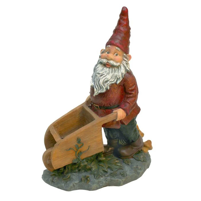 Polyresin Wheeler with the Wheelbarrow Garden Gnome Statue