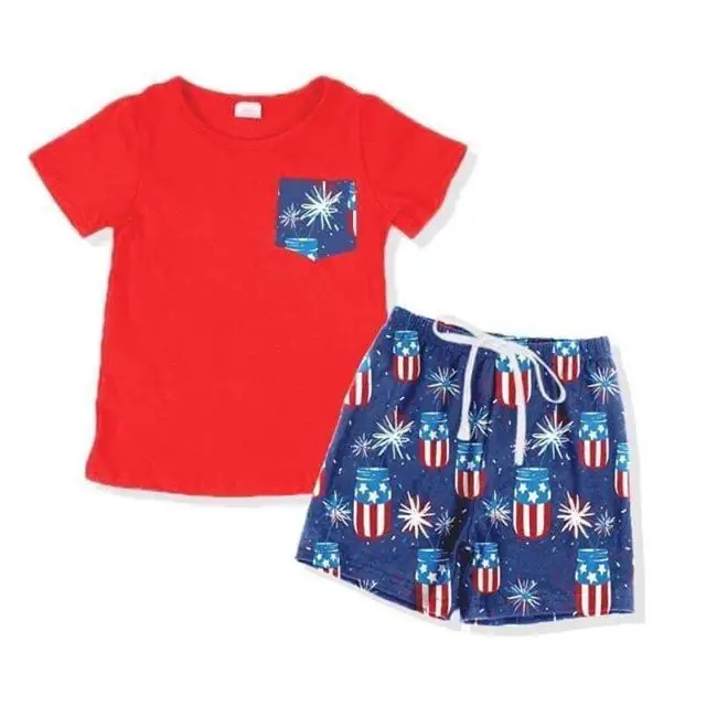 
wholesale new pattern boutique boys july 4th kids wear red raglan star printing popsicle pattern blue shorts sets 