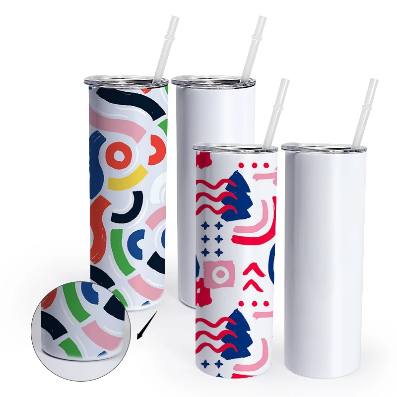 US Warehouse RTS 20oz sublimation white skinny Double Walled Stainless Steel Insulated flat edge Tumbler with straw