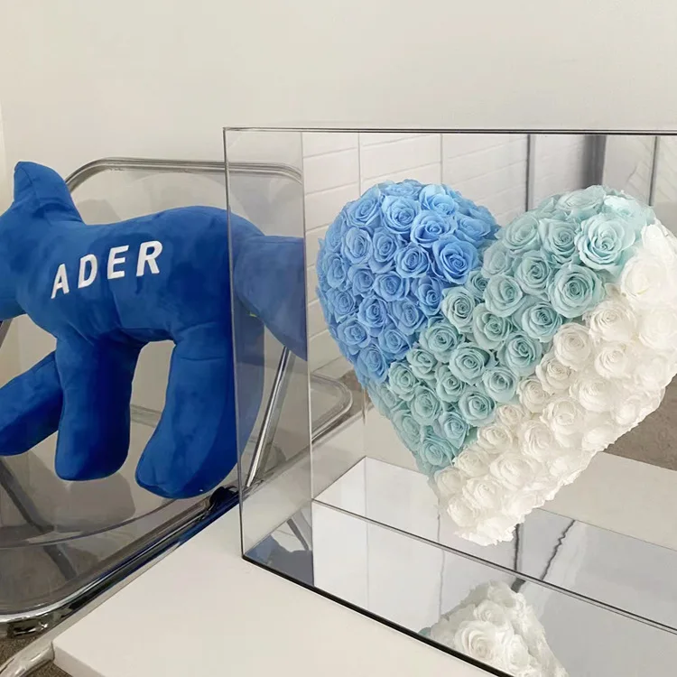 Wholesale Custom Shape Preserved Flower Box Roses Luxury Clear Mirror Acrylic Flower Box with Lid for Wedding Display