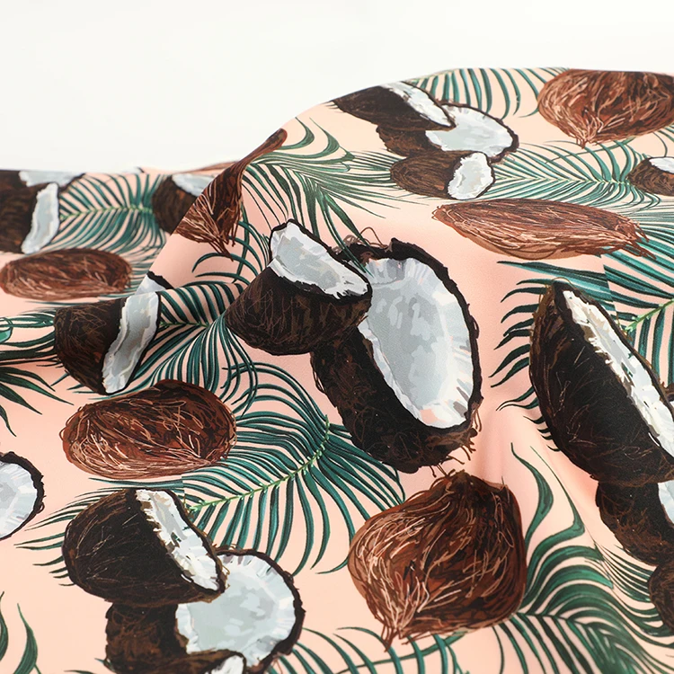 2023 Soft shinny coconut apple fruit digital printed 100% polyester satin chiffon fabric for dress