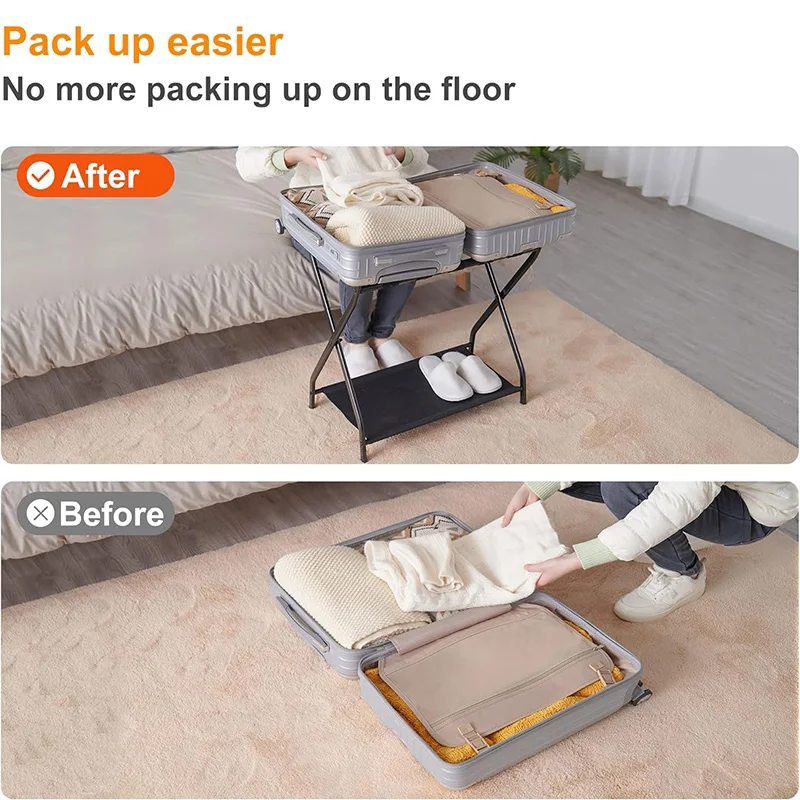 Luggage Rack Pack of 2 Steel Folding Suitcase Stand with Storage Shelf for Guest Room Bedroom Hotel Luggage Holder