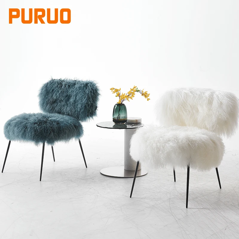 PURUO modern  black titanium stainless steel white sheep wool lounge leisure chair
