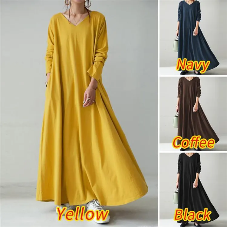Latest autumn women clothing oversized long casual dresses plus size solid color long sleeve v neck maxi dress with pockets