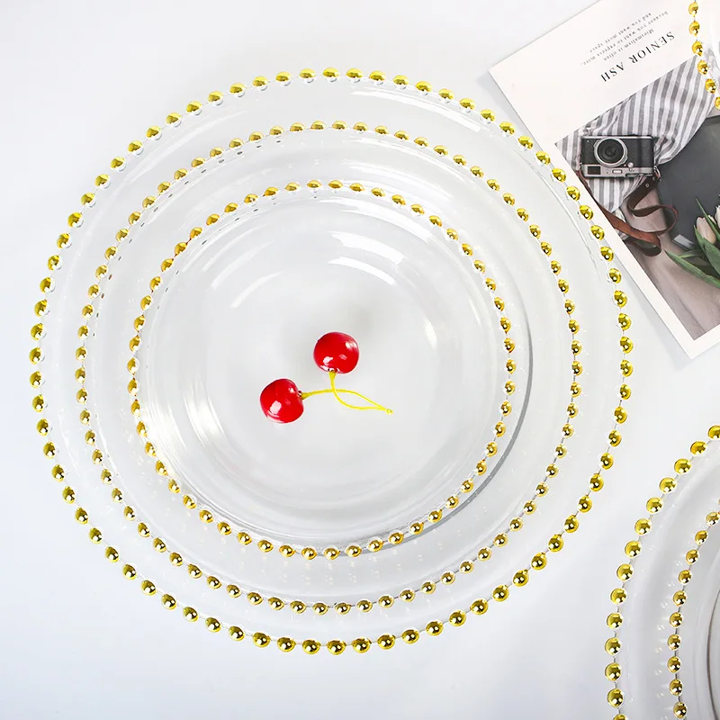 Factory Free Sample Wedding Party Banquet Tableware Dinner Under Plate Decorative Clear Charge Plate Glass Gold Beaded Plate