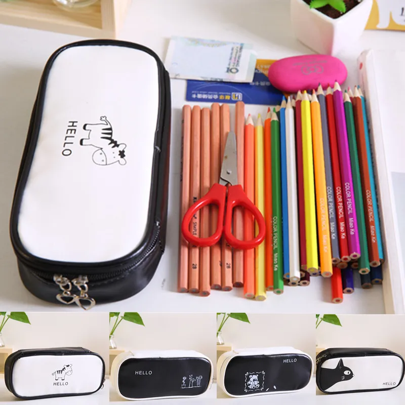 Cute large-capacity PU Students Kids School Double-layer Stationery Box Organizer Zipper Pencil Case Pen Bag Pouch