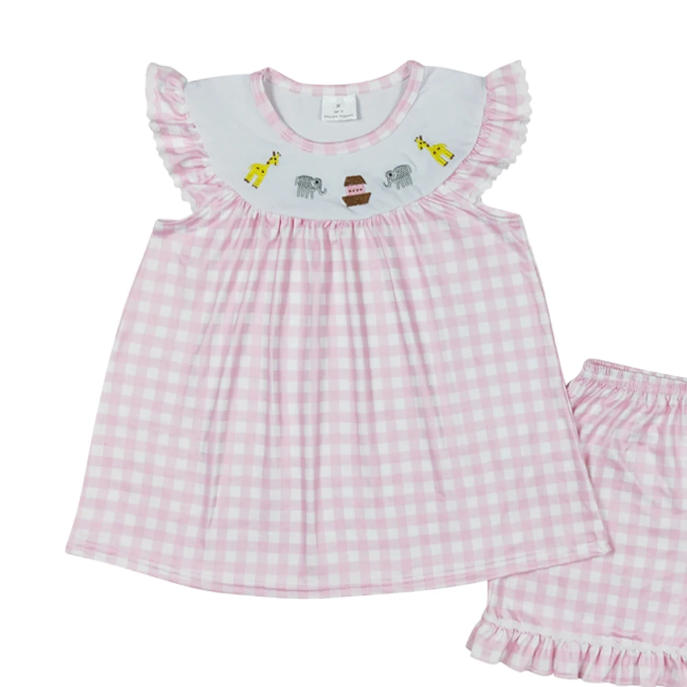 GSSO0795 Embroidered giraffe elephant pink-white plaid flying sleeve shorts set high quality little girls summer clothing sets