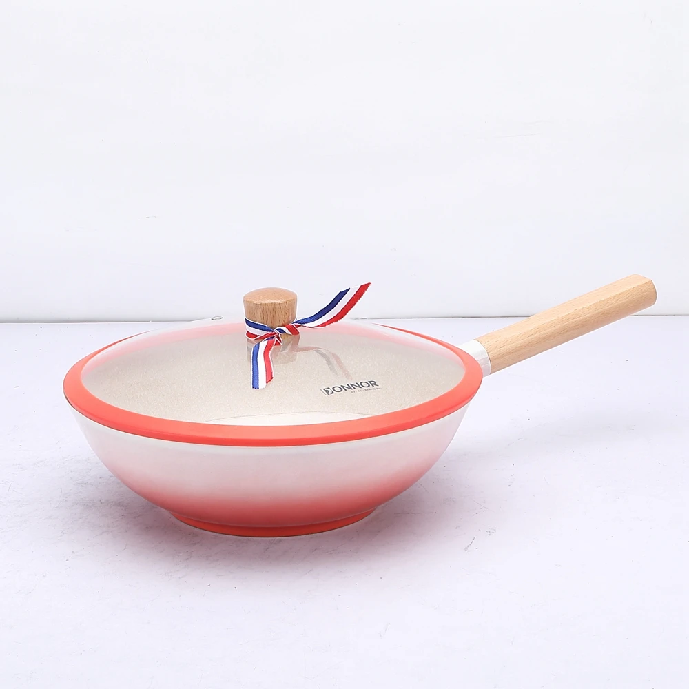 Kitchen Usage Pink Non-Stick Stir Fry Cooking Pan Wok Pan 30 Cm Chinese Wok Non-Stick Wok With Glass Lid