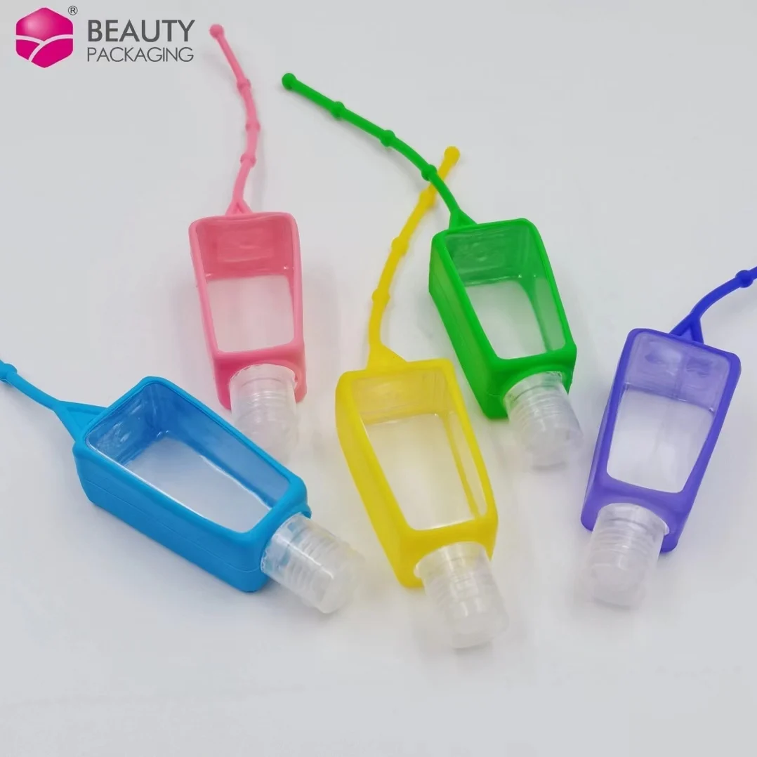Empty clear pet 30ml travel pocket hand gel sanitizer squeeze bottle with silicone holder flip top cap hand soap bottles