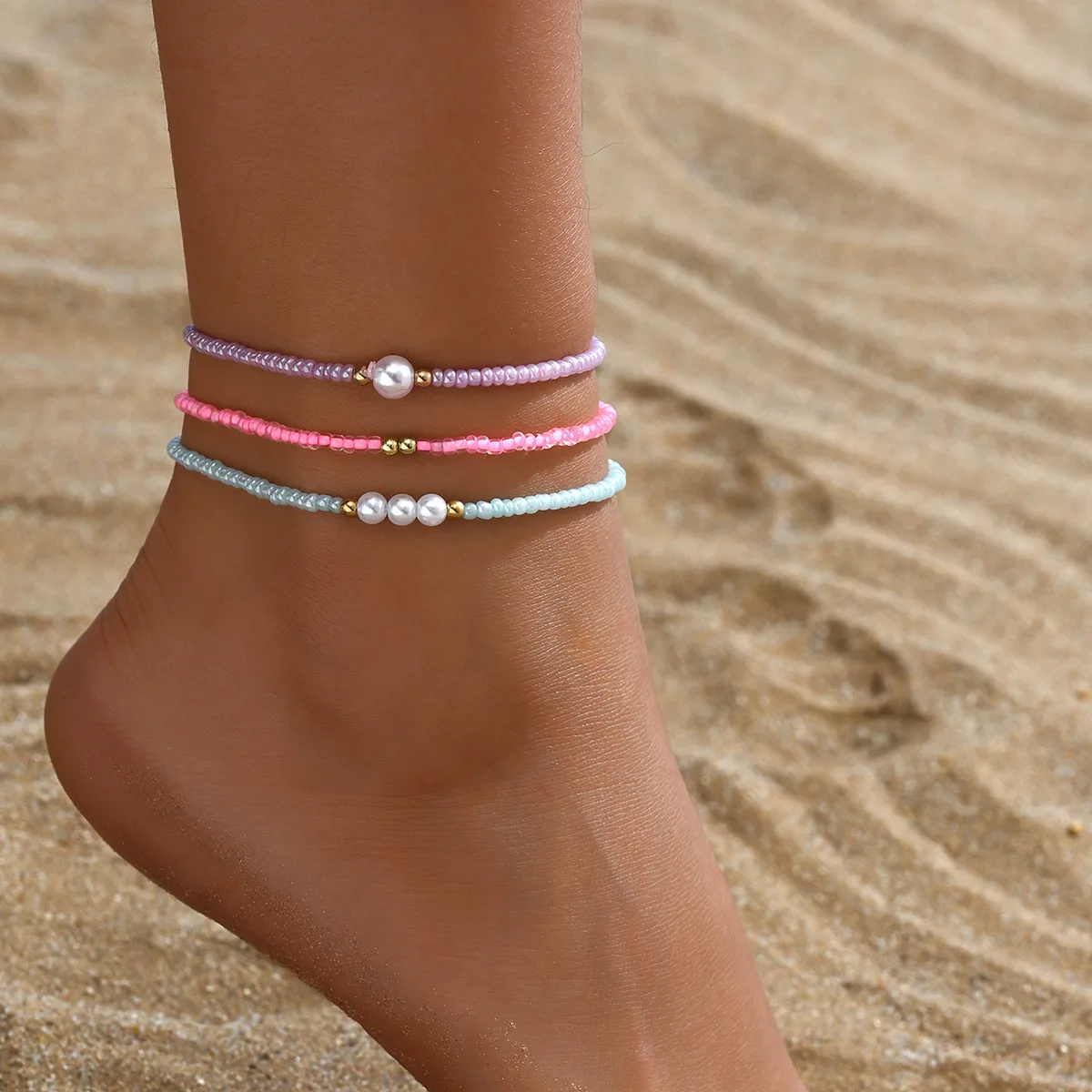 Fashion Summer Beach Style Seed Bead Pearl Anklet Foot Chains Set for Women Ladies