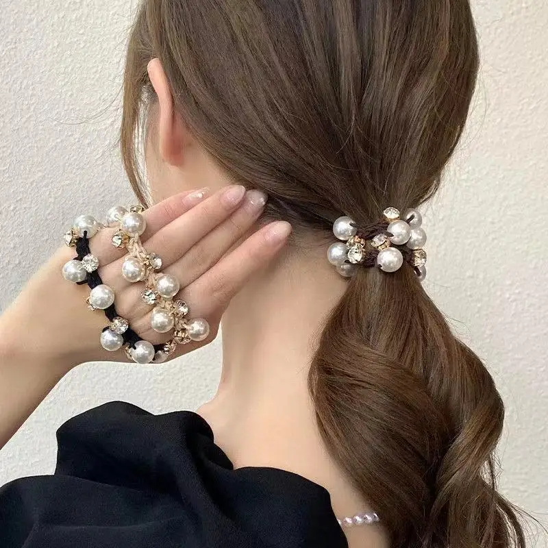 Fashion Hair Accessories Ponytail Holders Pearls Hair Bands Rope Rhinestone Hair Tie for Women Girl