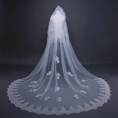 
3.8*3m Luxury Cathedral Lace Wedding Veils White Beading Lace Edge Front Cover Face Bridal Veil Long 