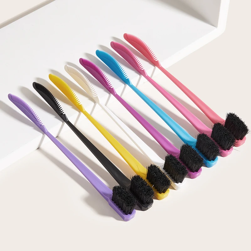 Private Label ABS Nylon Bristle Hair Edge Control Brush Black Pink Custom Logo Double Sided Edge Brush For Eyebrows