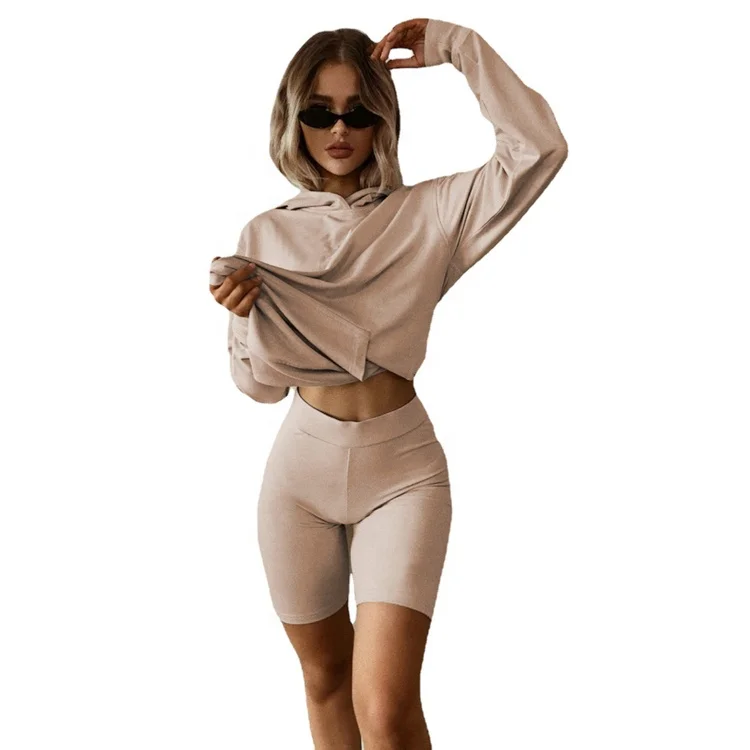 
Cotton blend street wear short sleeve crop top hoodie and biker shorts women two piece sets 