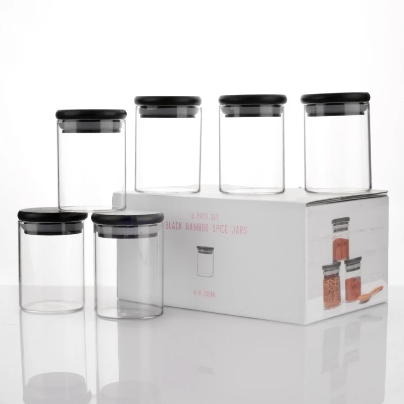 Sale 6 PCS Glass Canister Set Kitchen Nuts Cookies Glass Food Storage Jars with Black Bamboo Lids