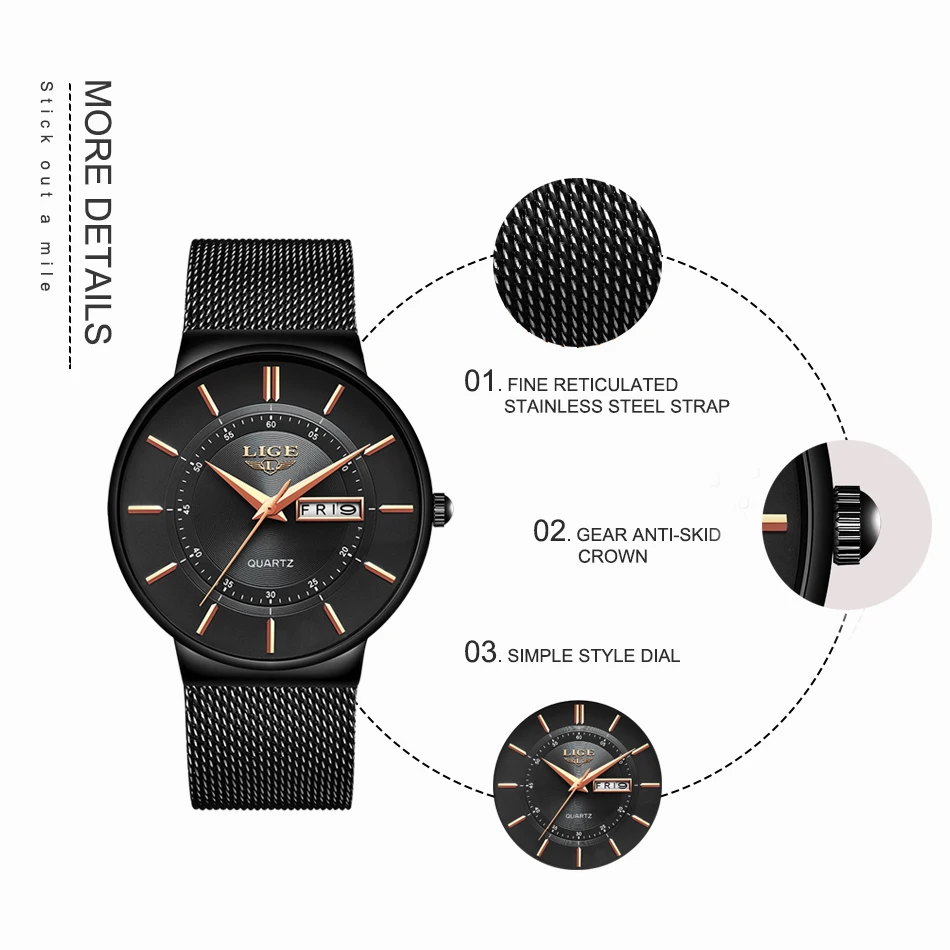 Lige 9949 Casual Mens Quartz Wristwatch Reloj Stainless Steel Calendar Luxury Men Watches Waterproof