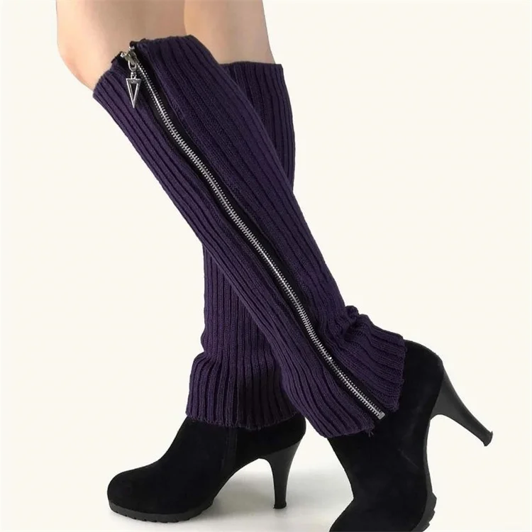Hot Sell Leg Warmers Heavy Ribbed Knitted Leg Warmers Girls Gothic Punk Style Brown Side Zipper Leg Warmers
