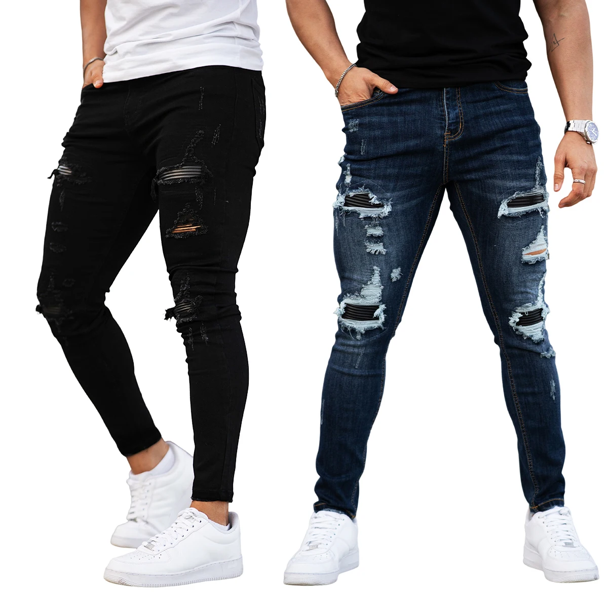 Gingtto Custom White Black Denim Men Jeans Pants Trousers For Men Tapered Stretch Distressed Ripped Damage Skinny Jeans