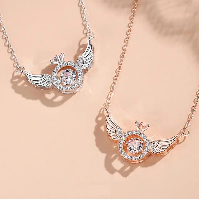 NUORO Stainless Steel Chain Necklace For Women Girls Exquisite Copper Shiny Zircon Angel Wings Pendant Necklace