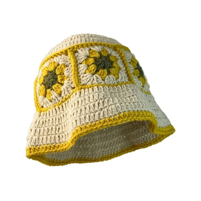 Support Customized Vintage Cherry Flowers Hand-knitted Pot Hat Female Fall and Winter Sweet Hundred With Wool Hat