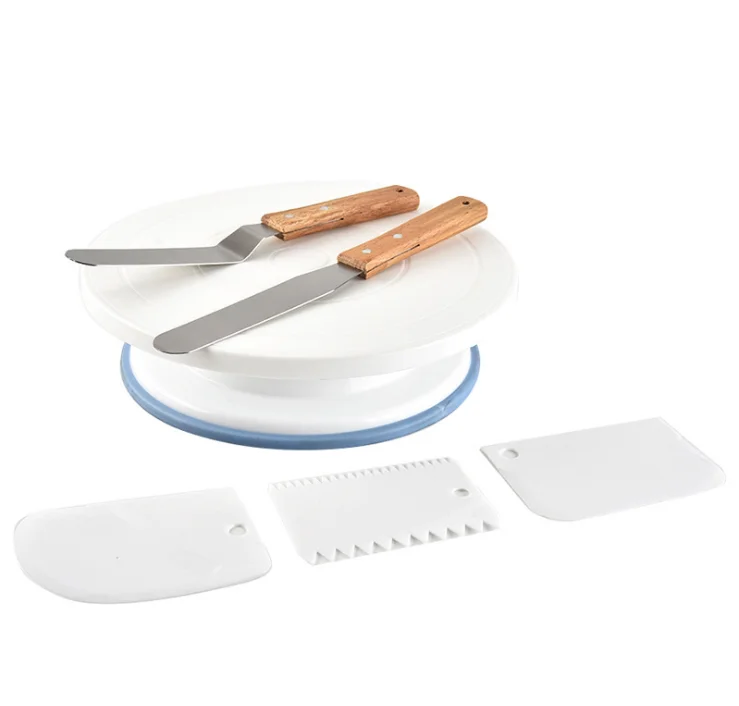 
11 Inch Rotating Cake Turntable with 2 Icing Spatula and 3 Icing Smoother Revolving Cake Stand White Baking Cake Decorating 
