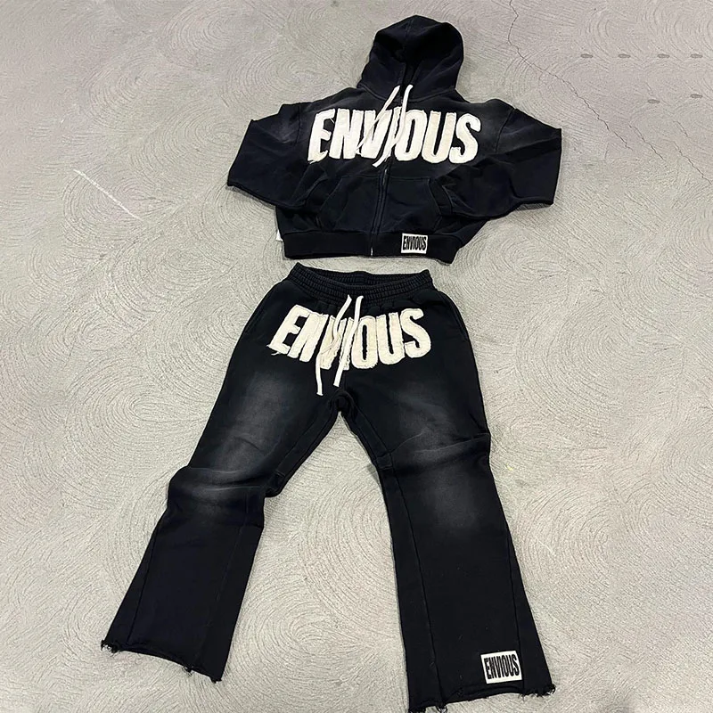 Custom Jogger 2 Piece Set Applique Embroidery Distressed Patch Hoodie Jogging Tracksuit Sweatsuits Sweatpants And Hoodei Set