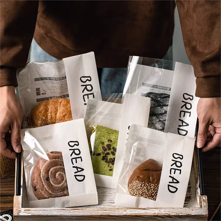 Wholesale Biodegradable Wax Greaseproof Kraft Paper Pouch Snacks Toast Food Packaging Bread Bag