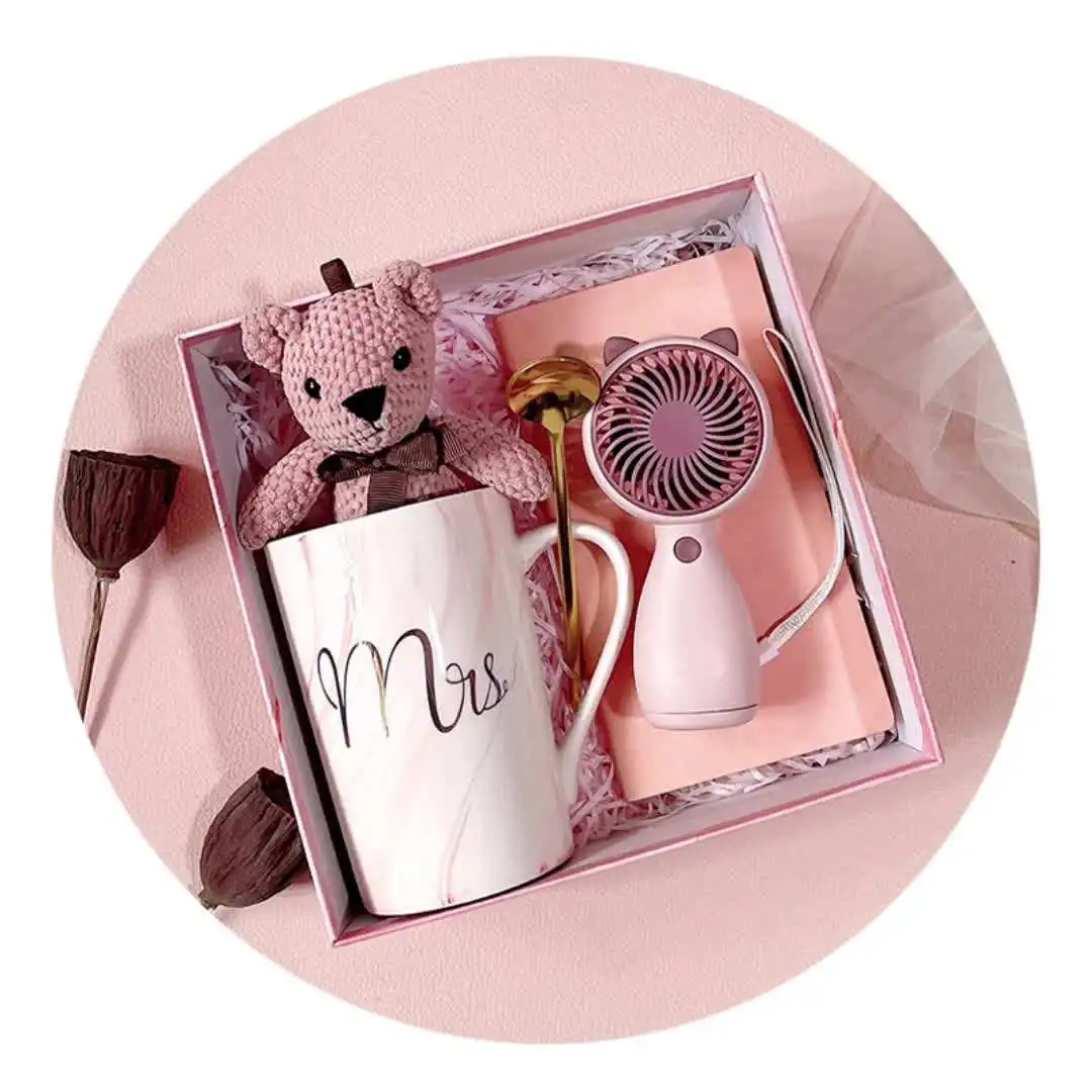 Business Promotional Product Set Custom Logo Mug + Spoon + Bear + Notebook + USB Fan Gift 5 Piece Set of Custom Logo