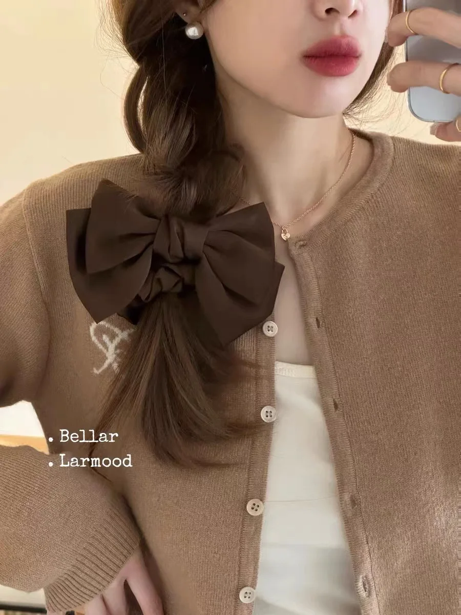 High-end Solid Color Double Layer Satin Bow Hair Scrunchies Elastic Ponytail Hair Band Bowknot Pretty Women Hair Ties