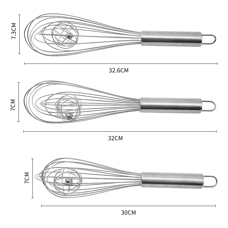 3pcs Stainless Steel Balloon Whisk Double Balloon Wire Whisk Blending Whisking Beating Stirring Egg Beater with inside Ball