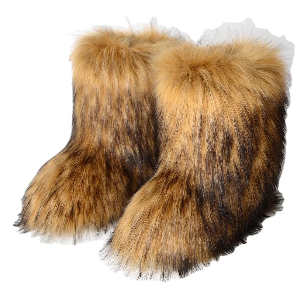 European and American flat heel high top Faux Fur Boots warm winter deep mouth round head medium tube fox fur snow boots
