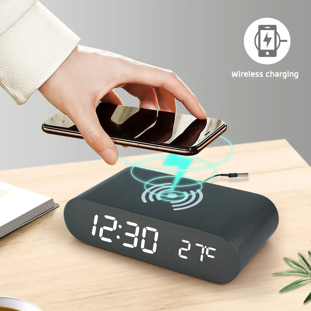 Wooden Qi Fast Wireless Charger With Digital Led Clock Wooden Qi Wireless ET588