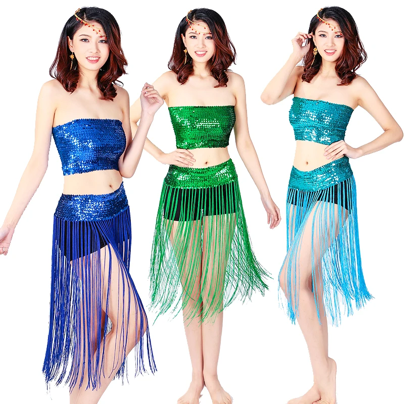 Wholesale Supply Sexy Dance Costumes Sequin Top Tassel Skirt Suit Set Festival Party Club Fancy Dress Belly Dance Costume