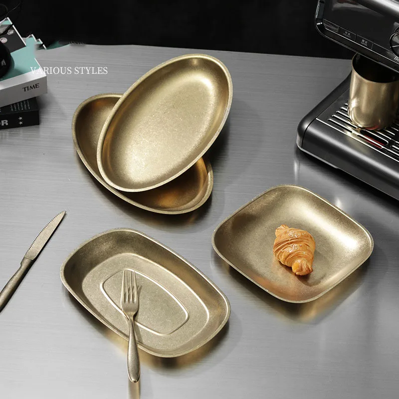 Factory Wholesale Retro Golden Style Luxury Stainless Steel Deepened Gold Snowflake Oval Plates for Hotel Restaurant Kitchen