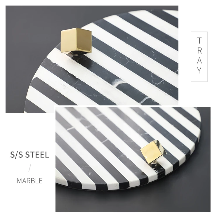 Classic black and white stripes decorative round marble serving tray for perfume