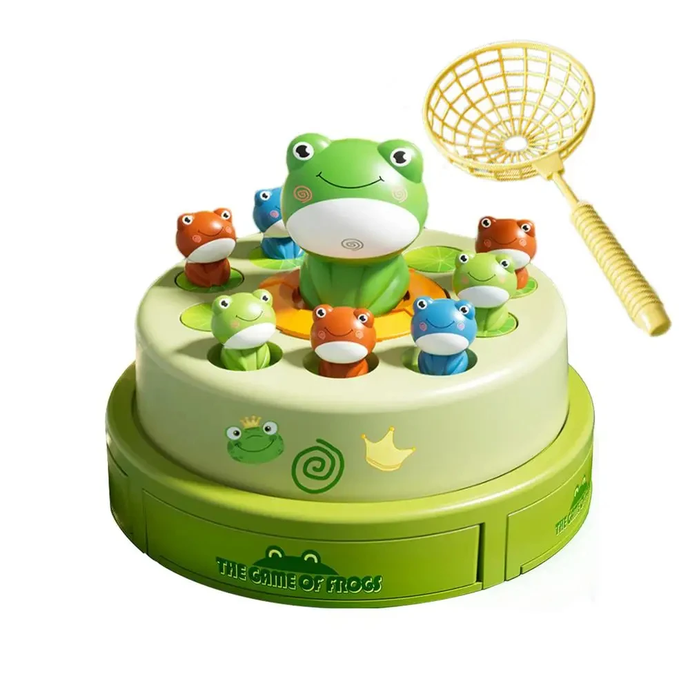 Kids bouncing frog net catching toy electric ejection little frog turntable focus training interactive education toy with music