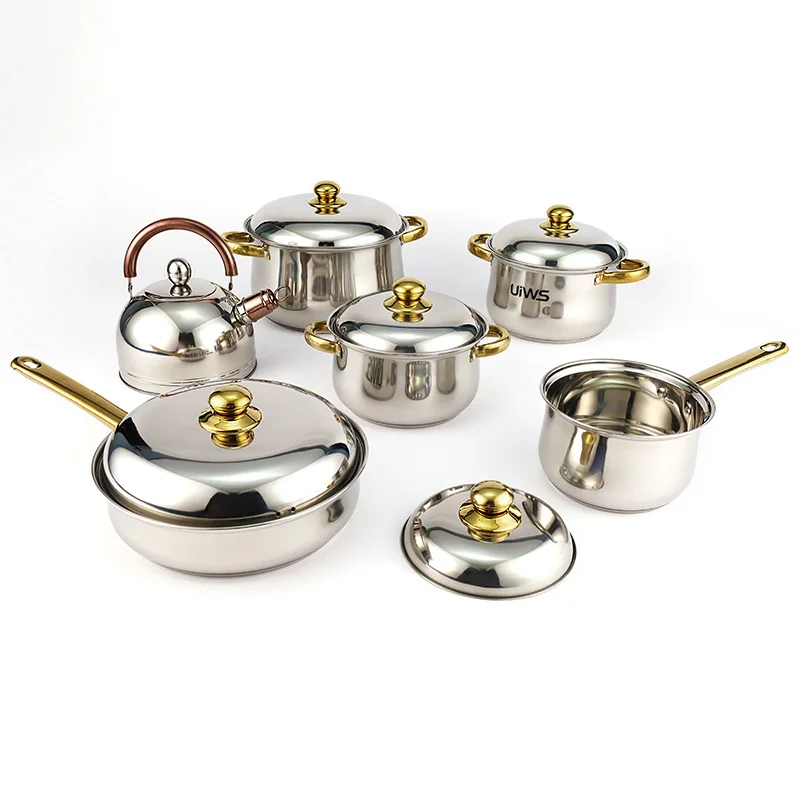 Stainless Steel Cookware Set Kitchen Pots And Pans Set Gold Cooking Pots Set With Steel Lids