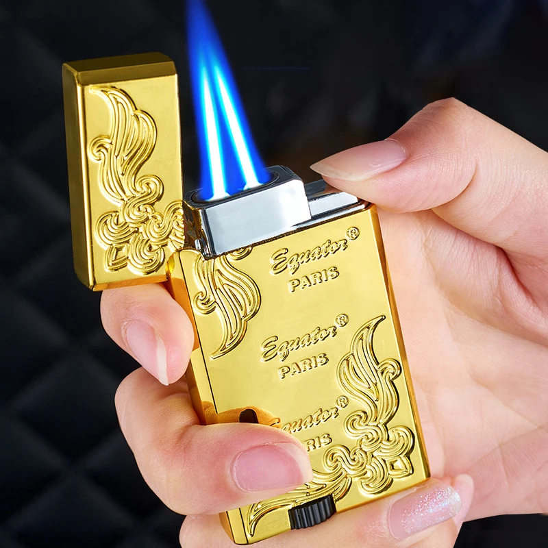 Metal steel voice lighter dual blue flame inflatable windproof cigar lighter