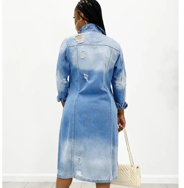 Wholesale Denim Long Trench Coat Street Style Ripped Denim Jacket for Women Long Sleeve Hollow Out Tassel Long Denim Coat