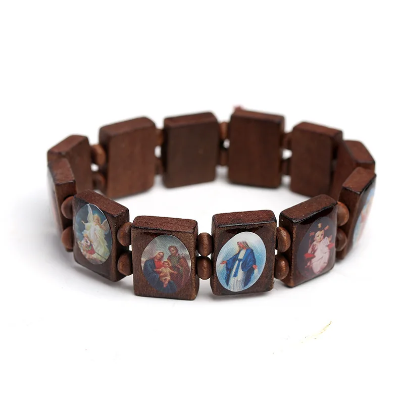 Wooden Rosary Jesus Bracelet Elastic Coloured Beads Catholic Bangle Picture Of Religious Saints Holy Gods Devotion Bracelet