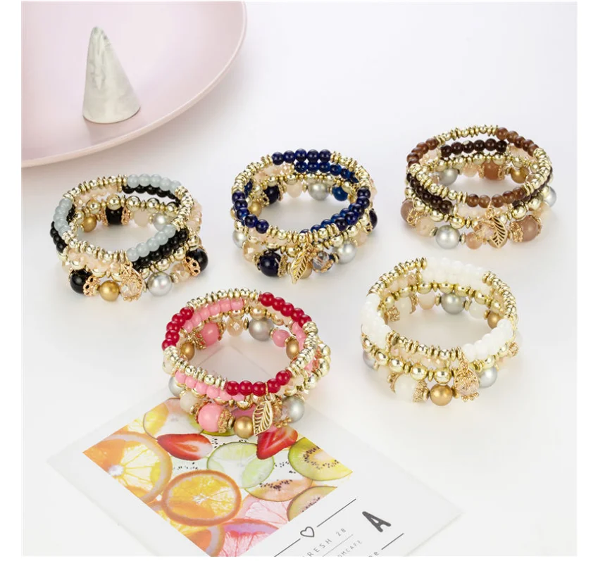 2022 New Arrivals High Quality Women Charm Bracelet Vintage Leaf Pendant Bohemian Multi Layer Glass Bead Bracelet Sets Custom