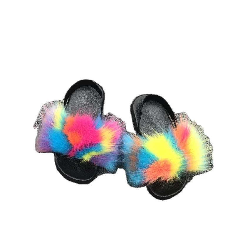 
2021Wholesale toddler fur slides with strap multi color faux fur slides rainbow little girl fur slides 