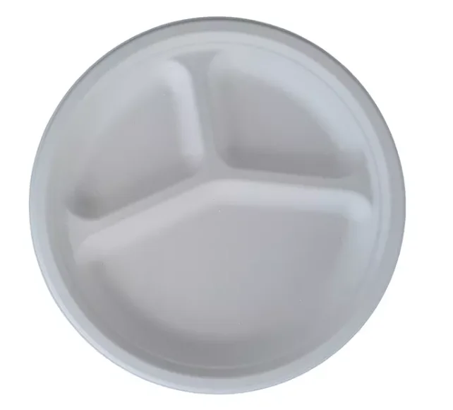 Wholesale Custom Logo Sugarcane Fiber 3 Compartments White Round Charger Plates Disposable Bagasse Fiber Biodegradable Plates
