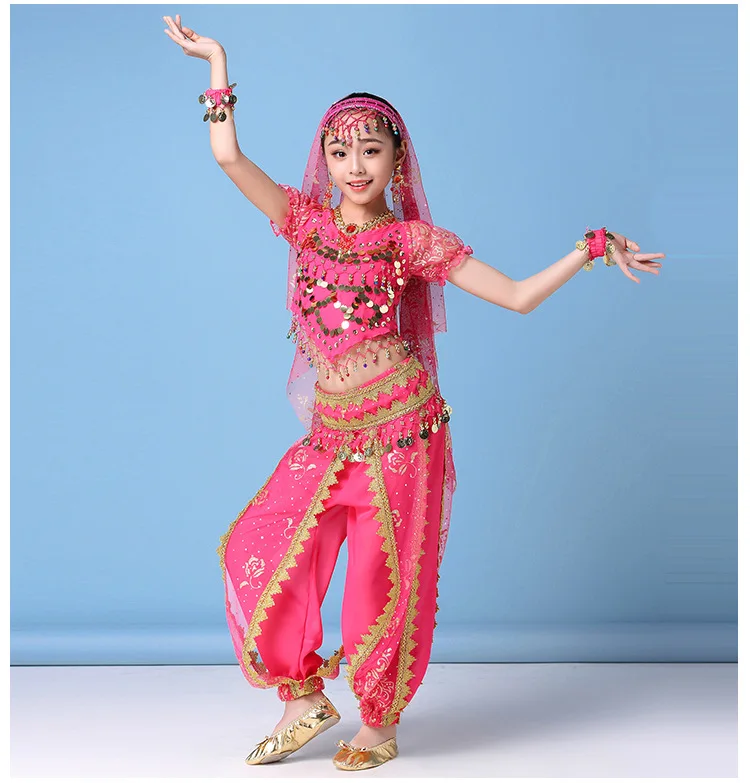 Wholesale Girls Shining rose pattern Genie Costume India Belly Dance Arabian Princess make up Birthday Halloween  Party show