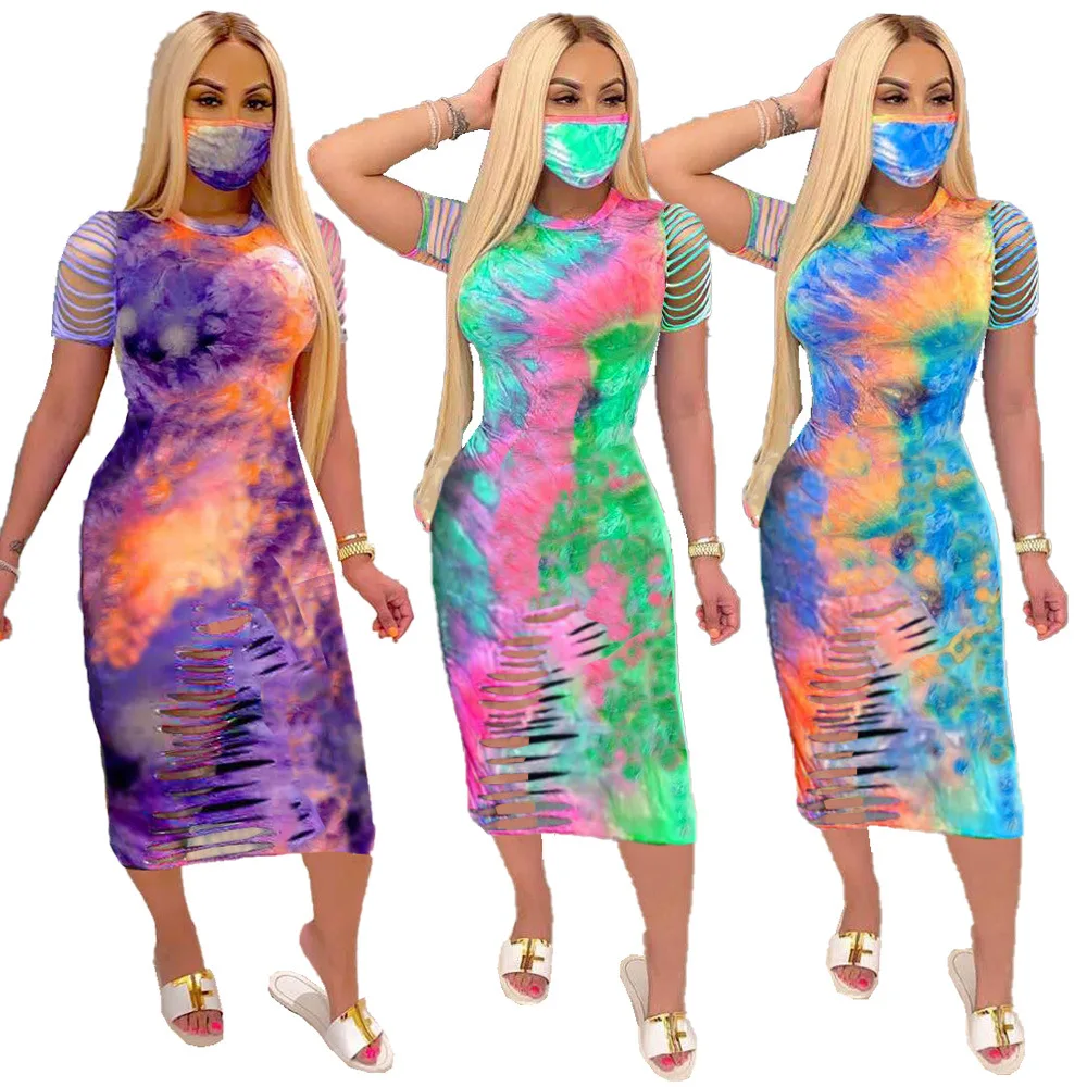 Wholesale 2022 new fashion sexy ladies floral summer o-neck tie-dyed short sleeve sports women Dresses without mask (MN8300)