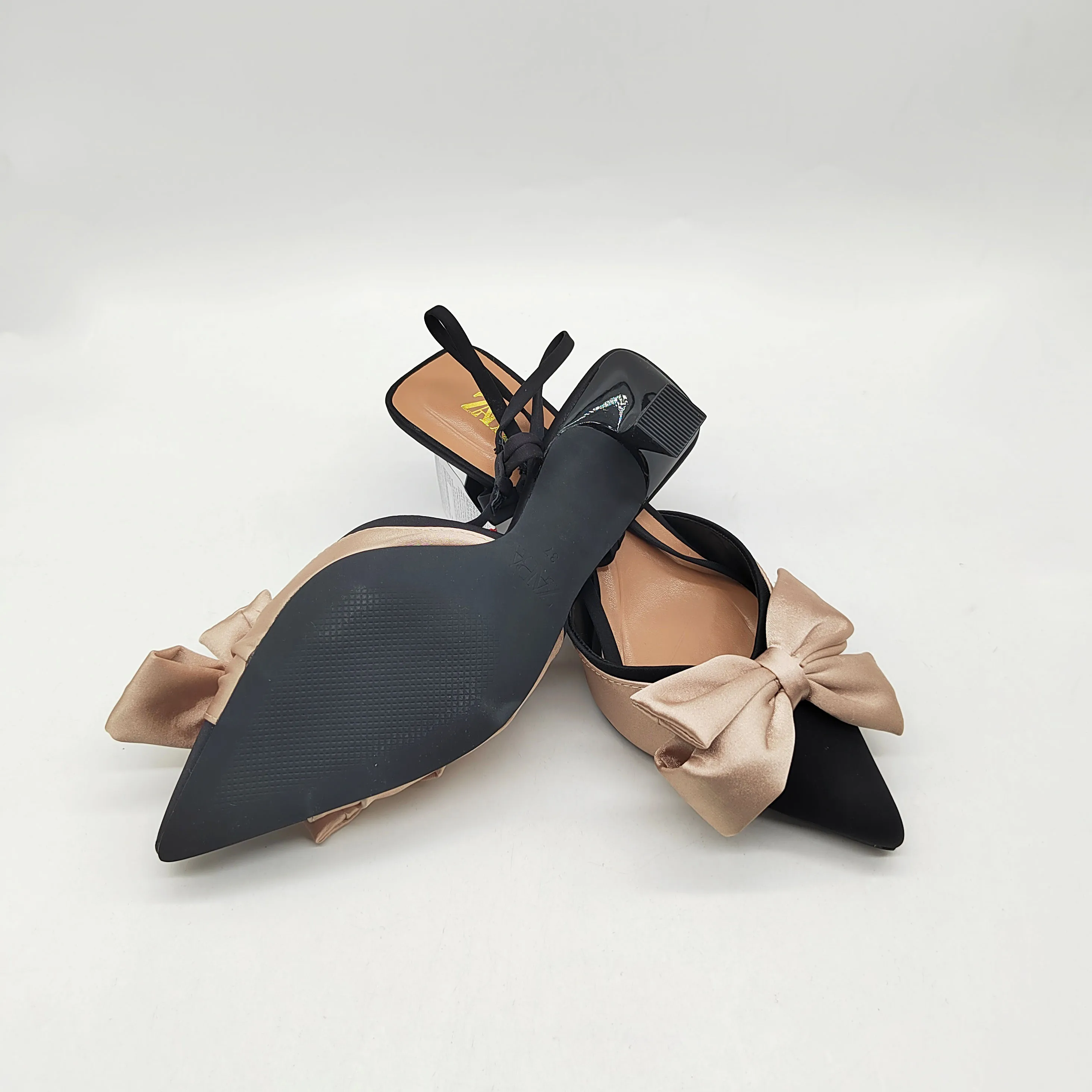 Wholesale Suede Upper Women Casual Style Pointed Toe Kitten Heeled Slingback Fashion Bow Sandals Slippers Heels for Ladies Shoes