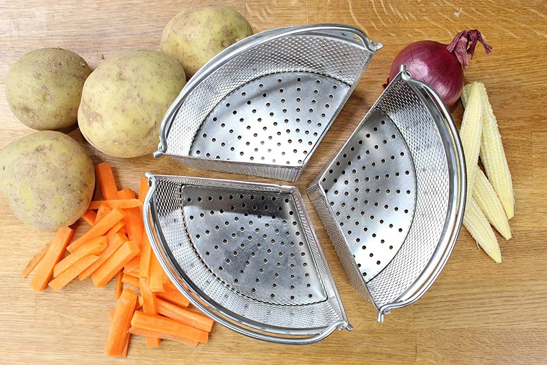 England Style Kitchen Baskets 18cm Stainless Steel Vegetable Steamer Basket Triple Divider and Separator Set