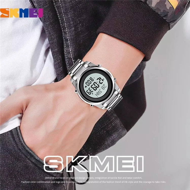 SKMEI Round Digital Watch For Men Qibla Time Reminder LED Golden Steel Religious Month Electronic Prayer Male Clocks 1734
